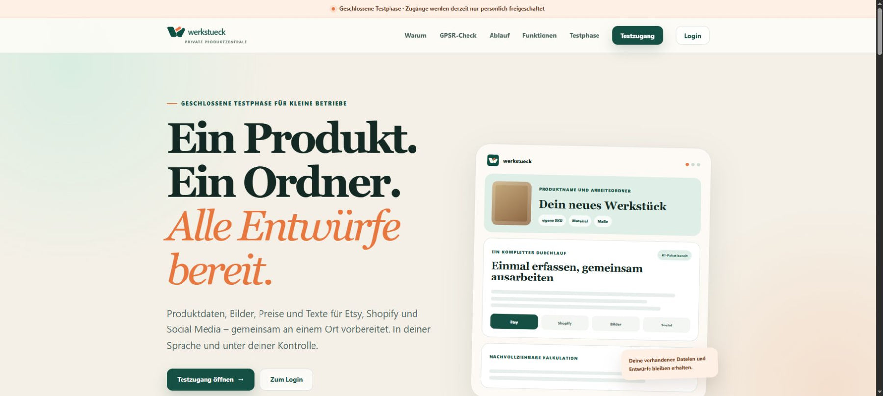 Öffentliche werkstueck-Startseite vor dem Login mit Produktzentrale und Arbeitsablauf