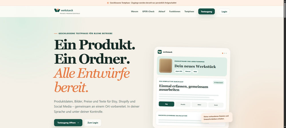 Öffentliche werkstueck-Startseite vor dem Login mit Produktzentrale und Arbeitsablauf
