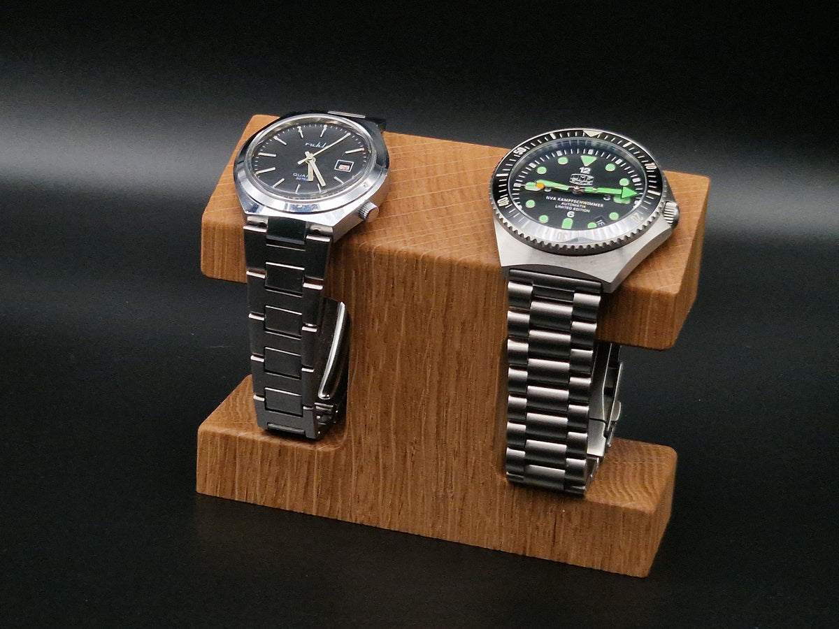 Handgemaakte Eikenhouten Horlogehouder voor Twee Horloges