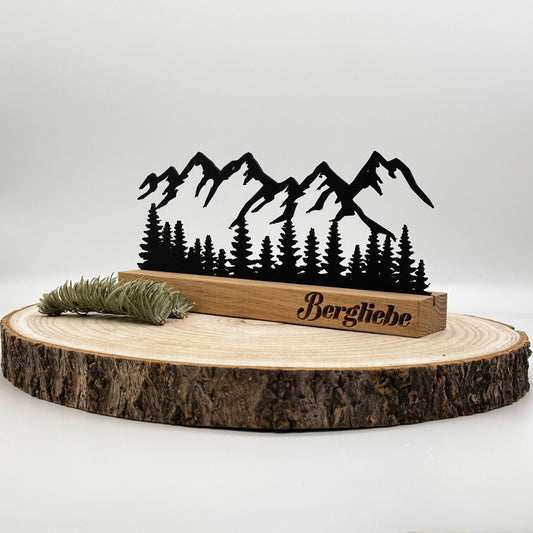 Berg Silhouette Deko aus Holz – Berglandschaft Schwarz auf Eiche, Wald Deko modern, Geschenkidee Natur Deko, Weihnachtsgeschenk