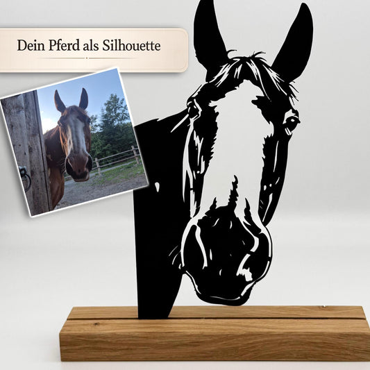 Personalisierbares Pferdeporträt Silhouette nach Foto Stall Dekoration Holz Aufsteller Erinnerung Andenken Geschenk für Reiter Pferdemädchen