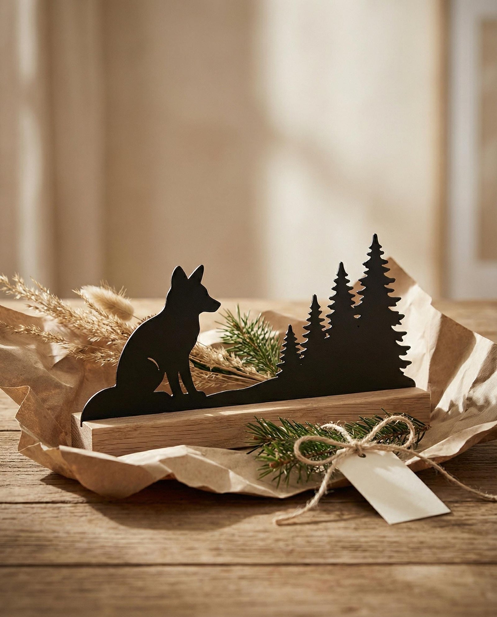 Fuchs-Silhouette aus Holz mit Eichenholzsockel – Ansicht 6