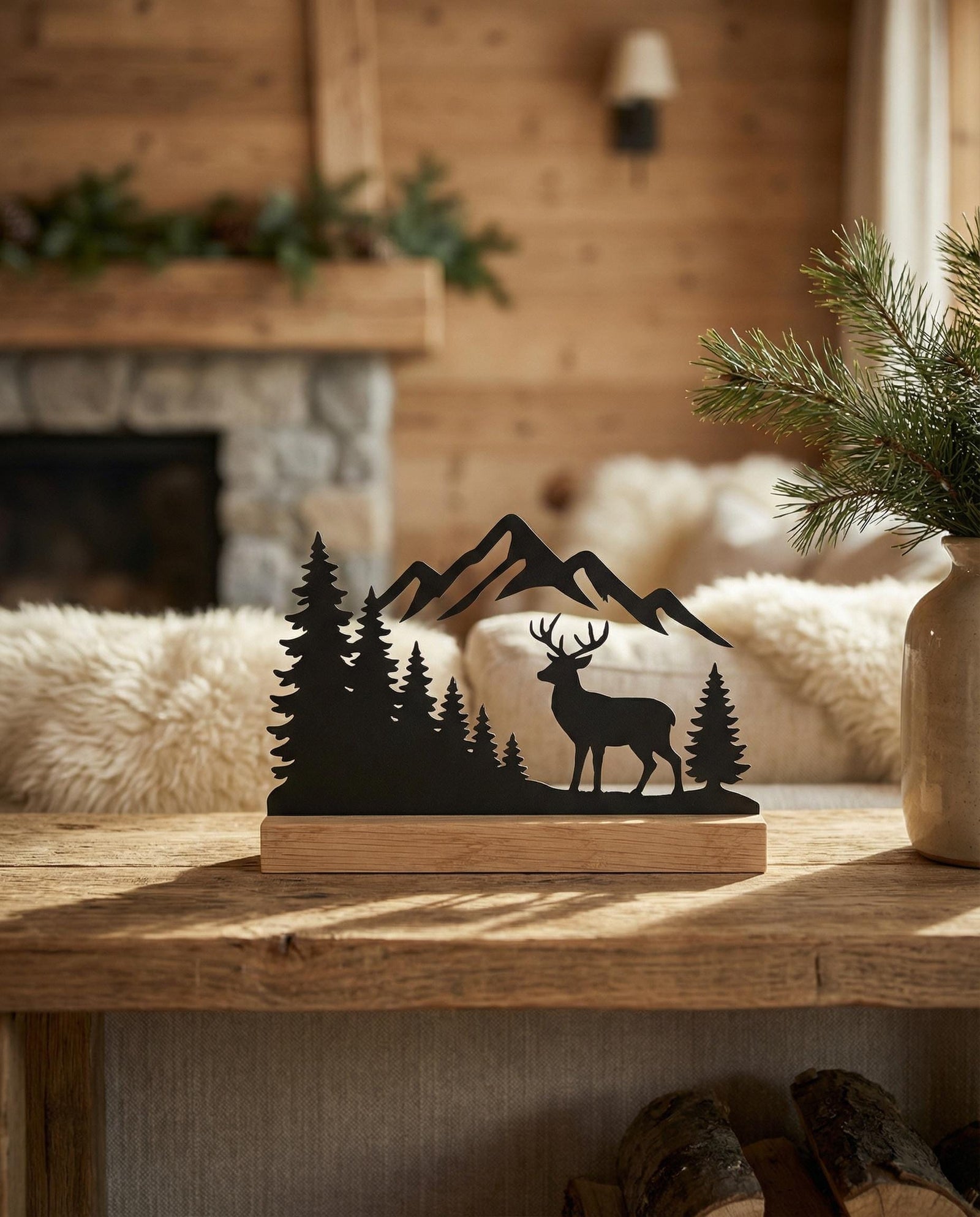 Hirsch-Silhouette aus Holz mit Bergmotiv – Ansicht 4