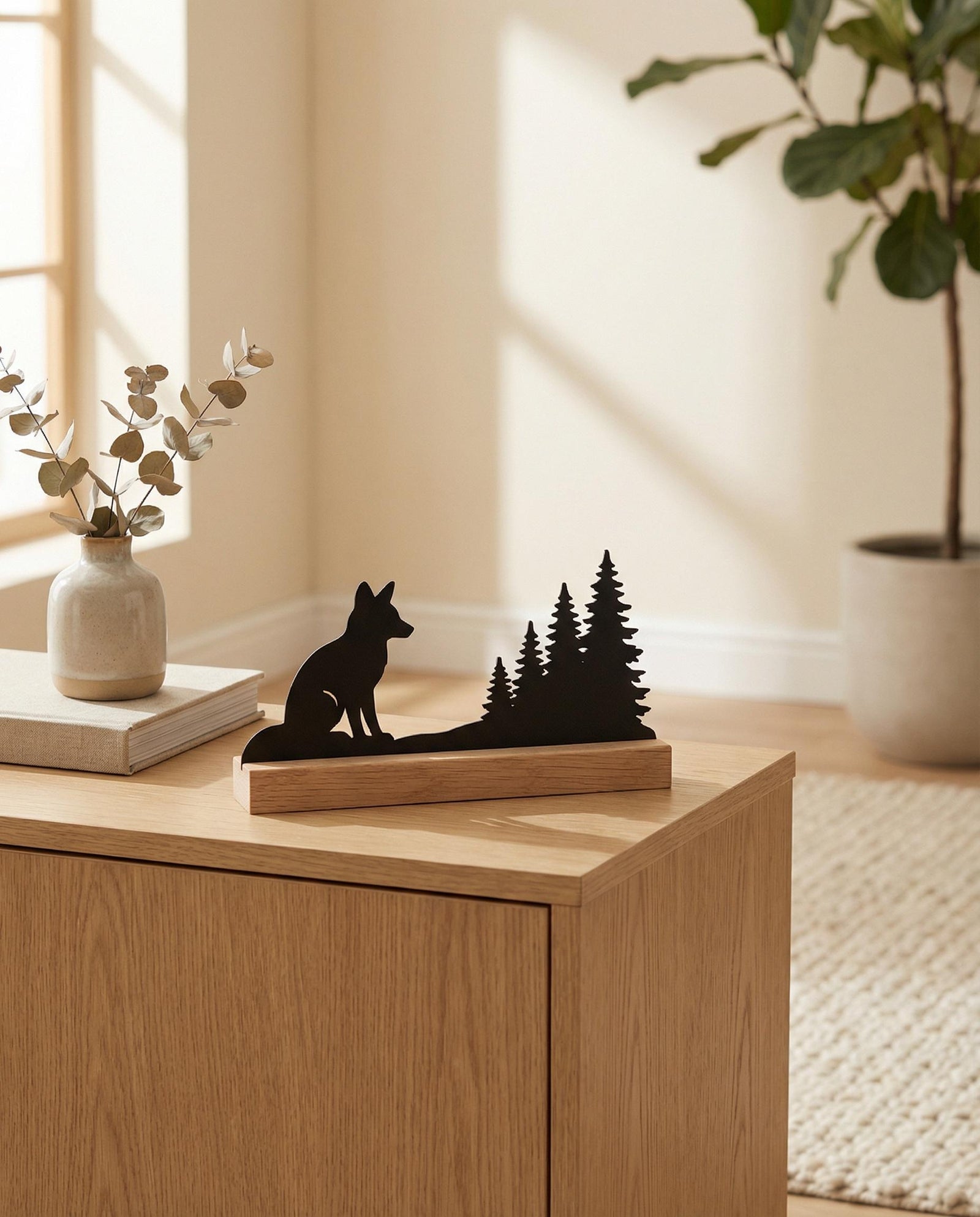 Fuchs-Silhouette aus Holz mit Eichenholzsockel – Ansicht 7