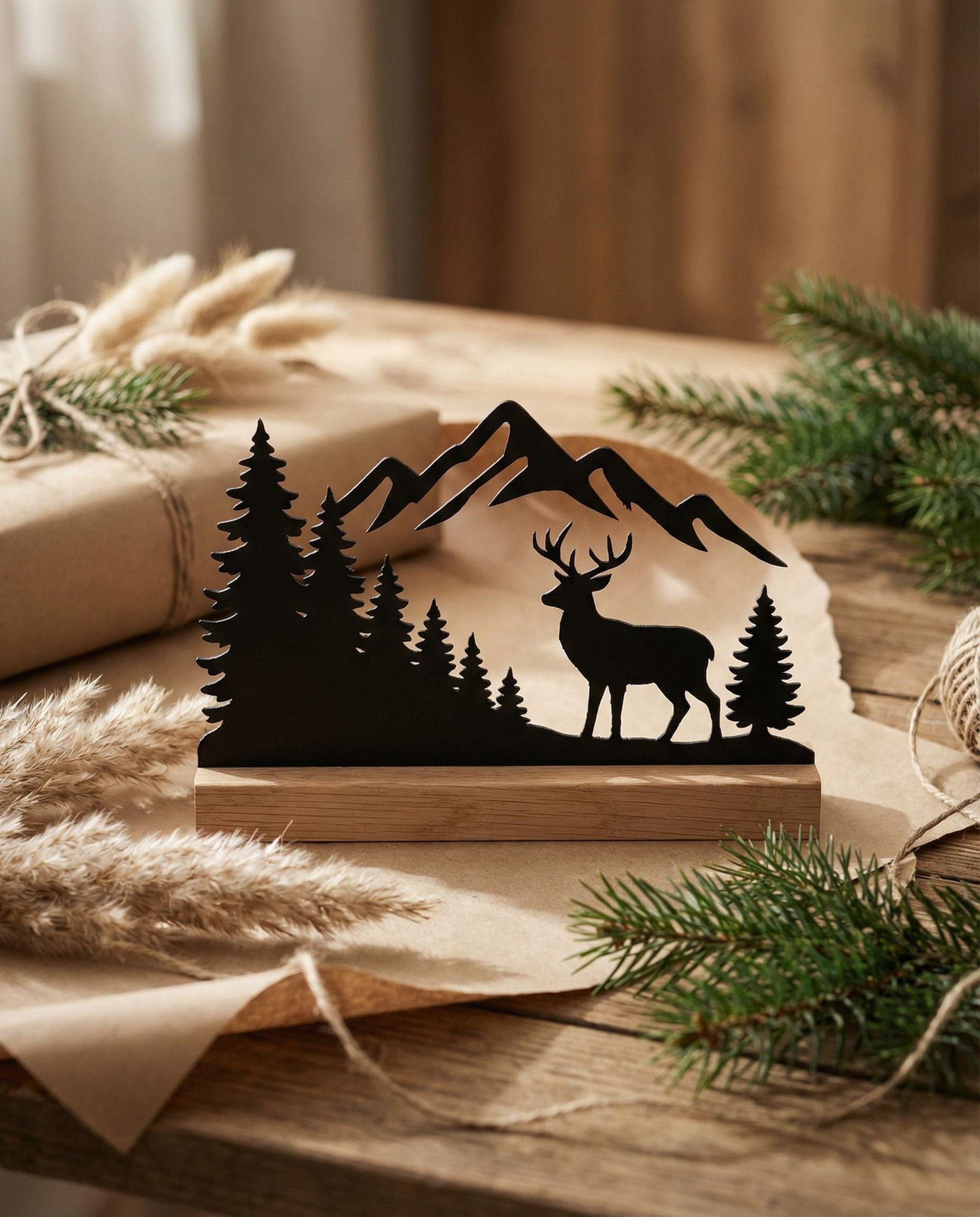 Hirsch-Silhouette aus Holz mit Bergmotiv – Ansicht 5