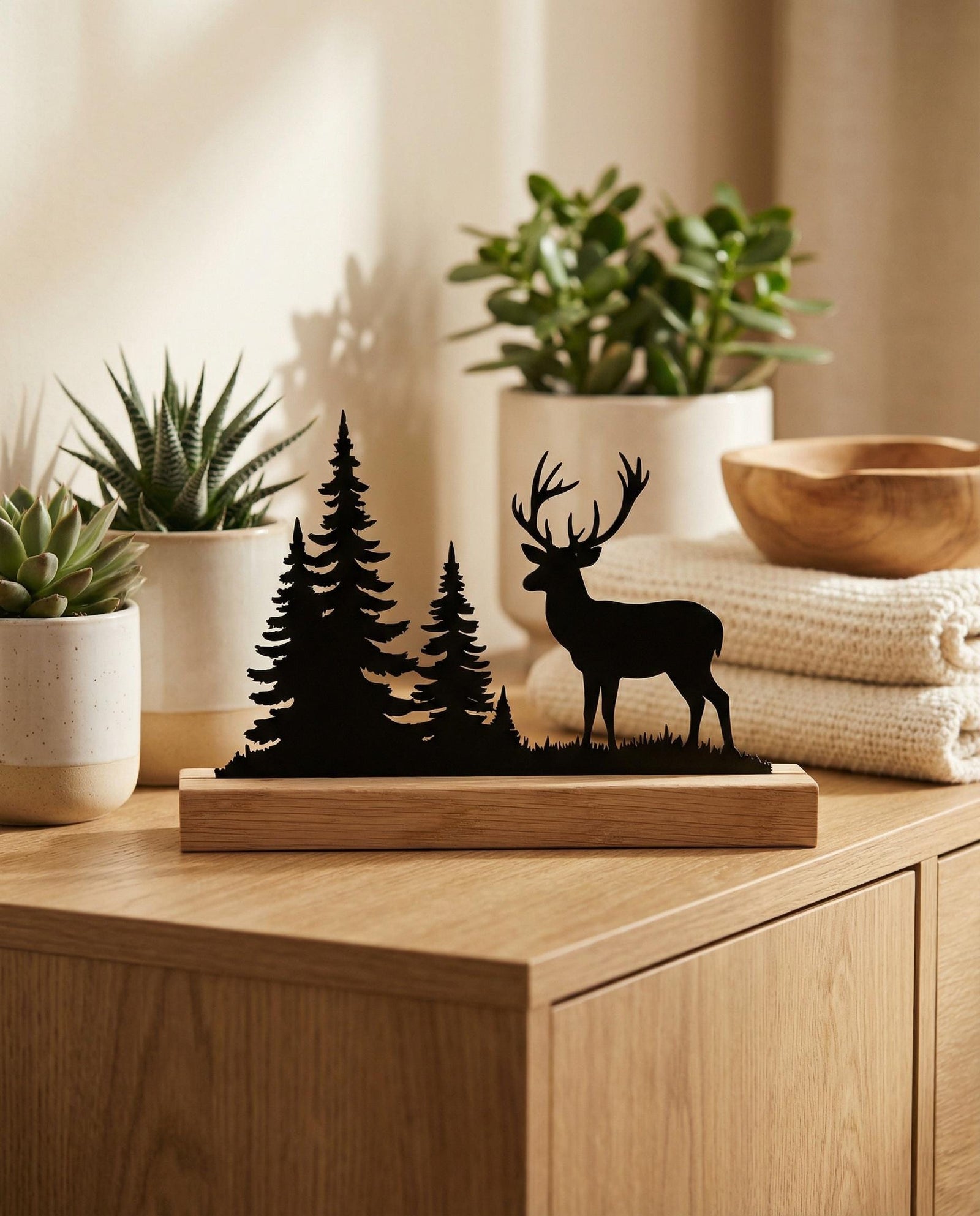 Hirsch-Silhouette aus Holz mit Waldmotiv – Ansicht 5