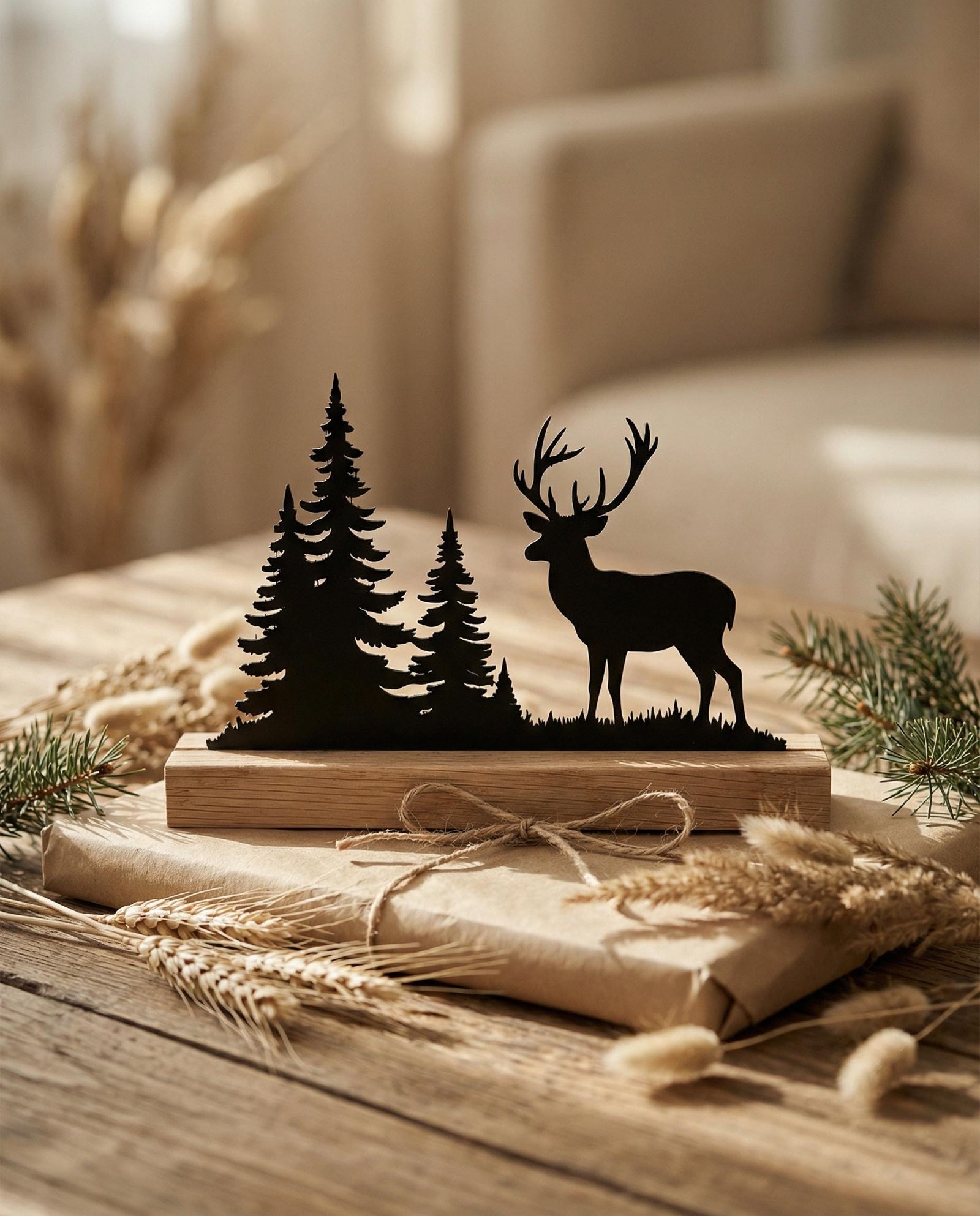Hirsch-Silhouette aus Holz mit Waldmotiv – Ansicht 6