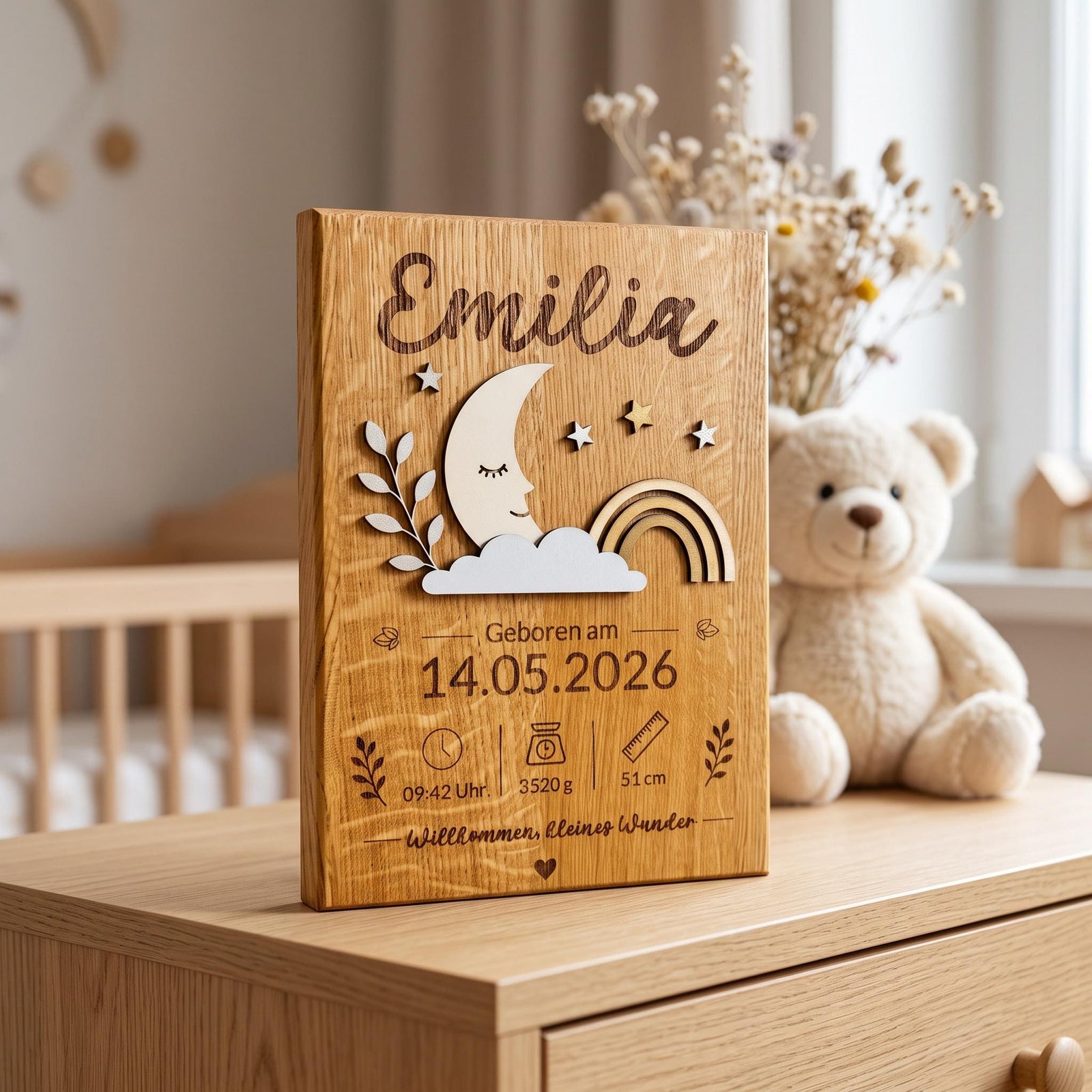 Personalisiertes Geburtsschild aus massiver Eiche – Ansicht 5