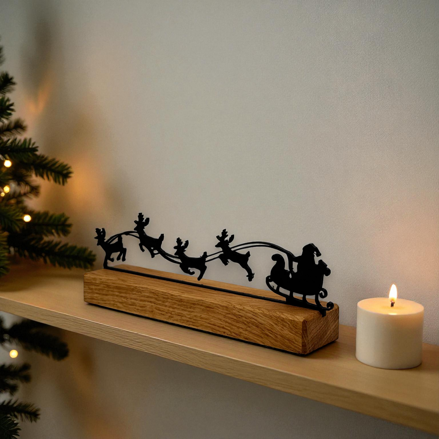 Weihnachtsdeko Holz Eiche – Rentierschlitten Silhouette schwarz, moderne Winterdeko, Geschenkidee Weihnachten, Holzdeko, Tischdeko