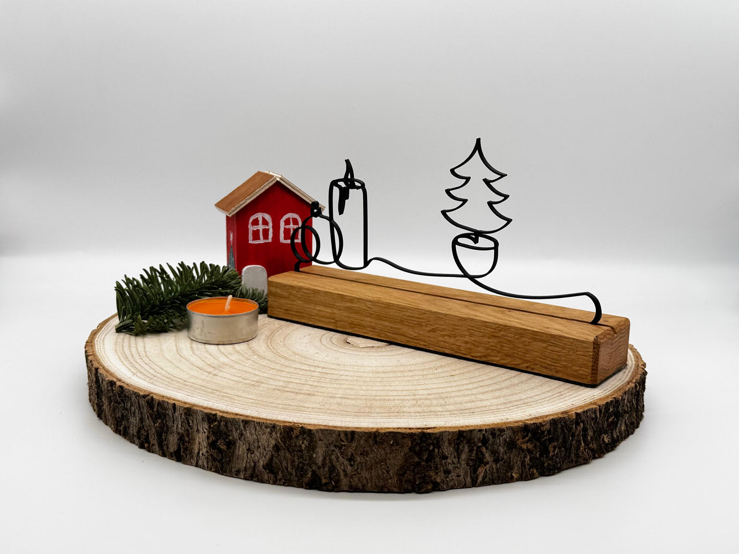 Weihnachtsdeko Holz Eiche – Kerze & Kugel Silhouette schwarz, moderne Adventsdeko, Weihnachtsbaum Deko, Geschenkidee Weihnachten