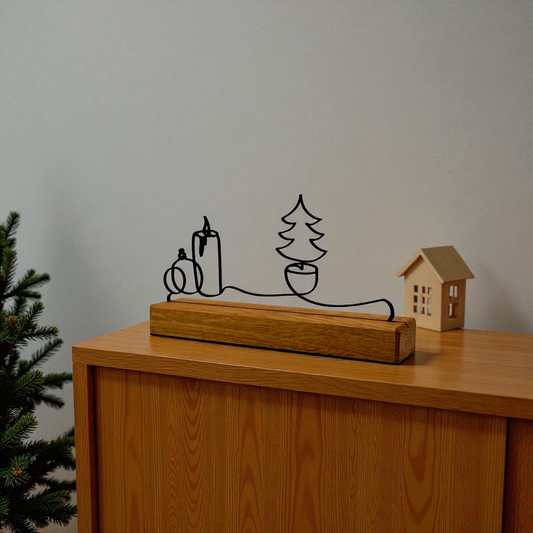 Weihnachtsdeko Holz Eiche – Kerze & Kugel Silhouette schwarz, moderne Adventsdeko, Weihnachtsbaum Deko, Geschenkidee Weihnachten