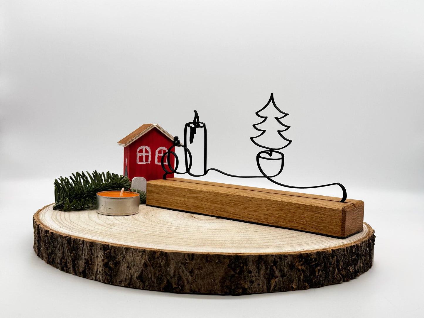 Weihnachtsdeko Holz Eiche – Kerze & Kugel Silhouette schwarz, moderne Adventsdeko, Weihnachtsbaum Deko, Geschenkidee Weihnachten